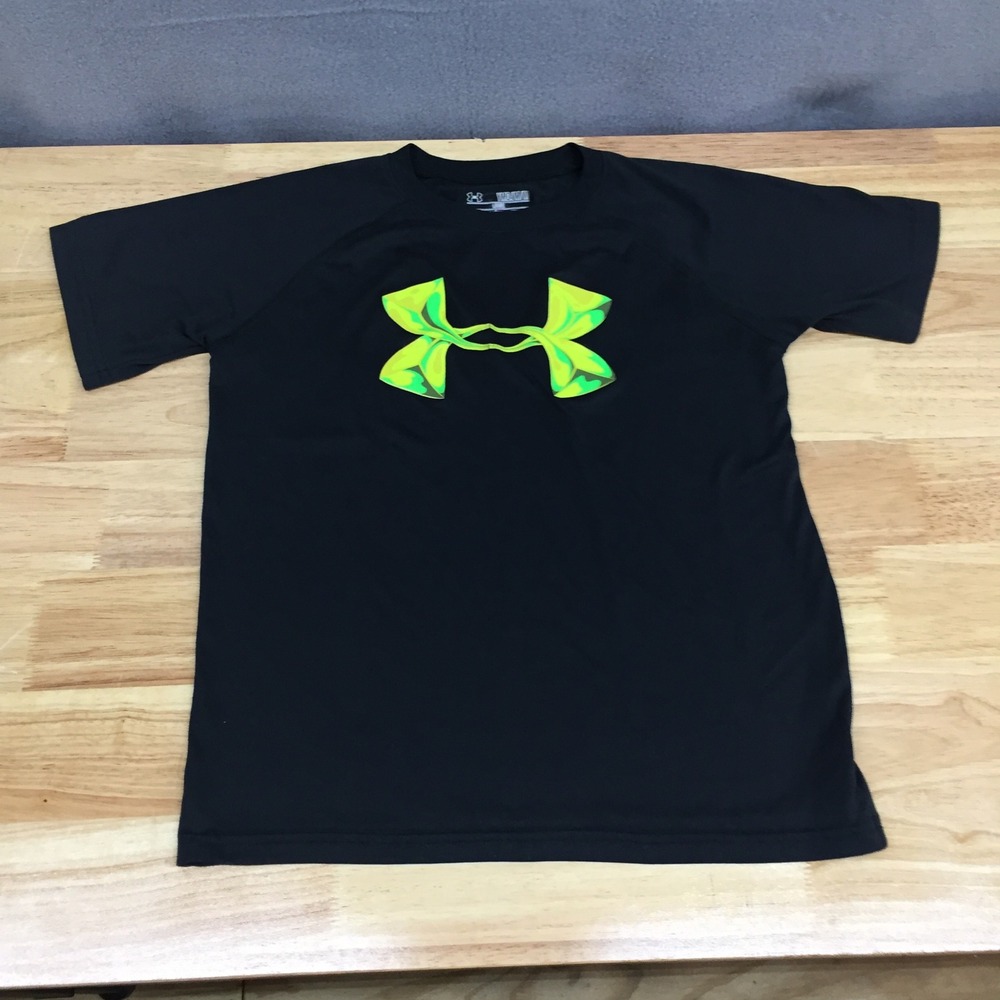 Under Armour Kids HeatGear Short Sleeve Logo Shirt Black Neon Green YMD 10/12